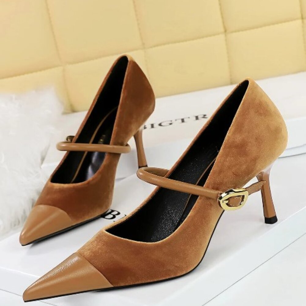 Elegant Velvet Paneled Adjustable Buckle Mary Jane Pumps